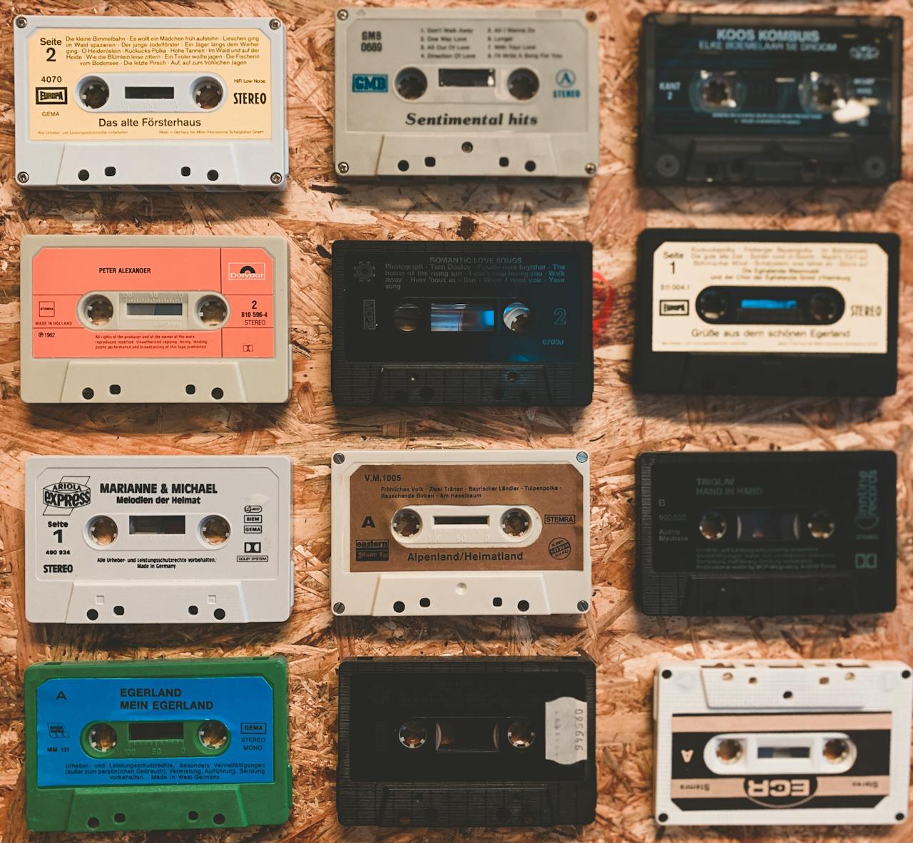 hero-img A nostalgic display of various vintage audio cassettes on a textured background.